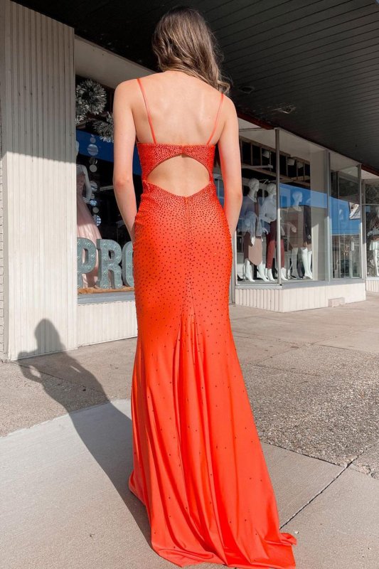 Orange Beaded Open Back Long Prom Dress E202283648