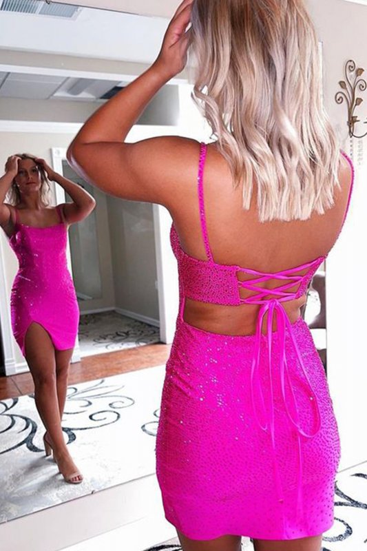 Sparkly Lace-Up Back Sequins Fuchsia Tight Short Homecoming Dress E202283654