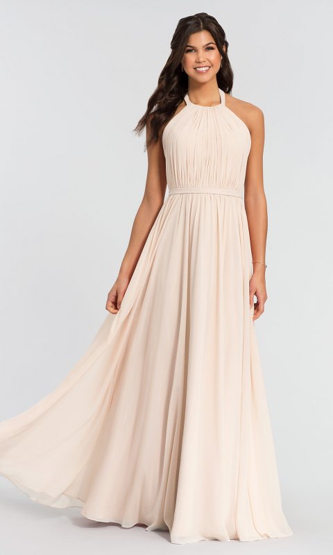 Halter Pleated-Bodice Long Bridesmaid Dress KL-200006