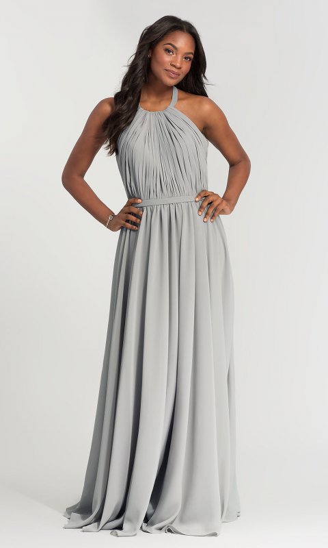 Halter Pleated-Bodice Long Bridesmaid Dress KL-200006