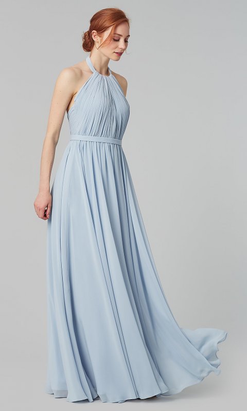 Halter Pleated-Bodice Long Bridesmaid Dress KL-200006