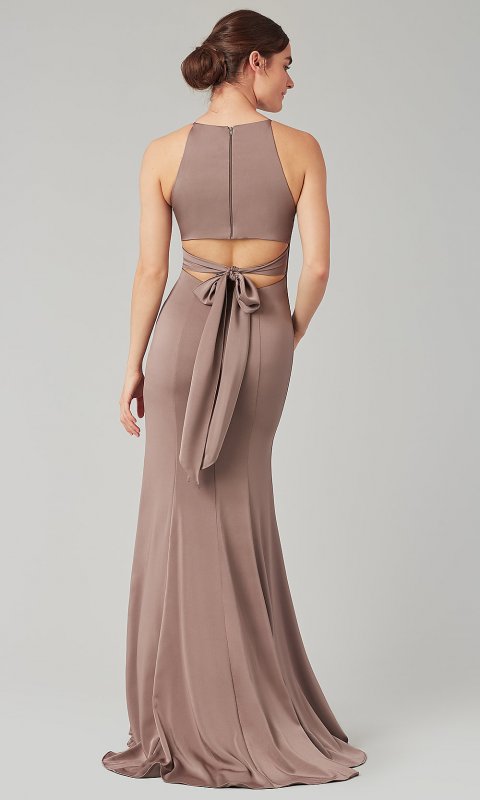 Tied-Back Long Espresso Bridesmaid Dress by KL-200019-v