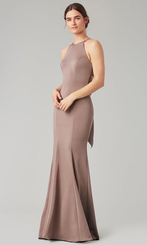 Tied-Back Long Espresso Bridesmaid Dress by KL-200019-v