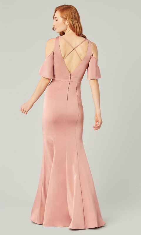 Long Satin Cold-Shoulder Bridesmaid Dress by KL-200145