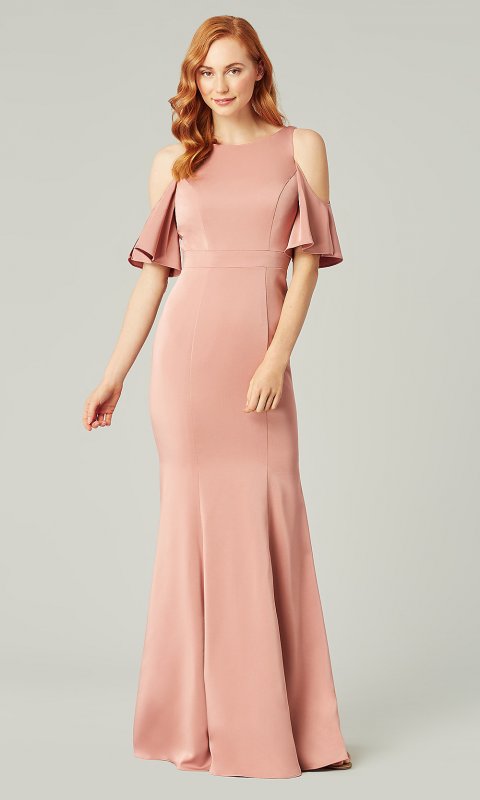 Long Satin Cold-Shoulder Bridesmaid Dress by KL-200145