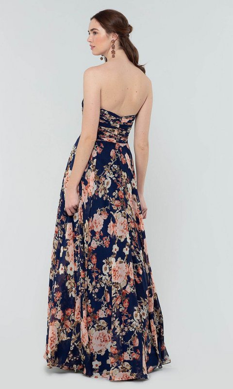 Floral-Print Long Navy Bridesmaid Dress by KL-200169