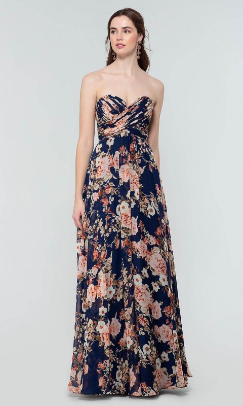 Floral-Print Long Navy Bridesmaid Dress by KL-200169