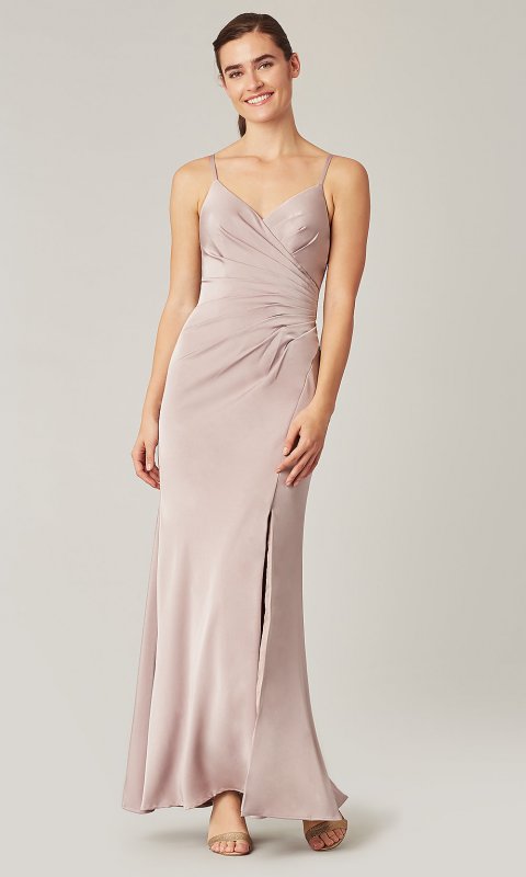 V-Neck Long Ruched Stretch Satin Bridesmaid Dress KL-200190