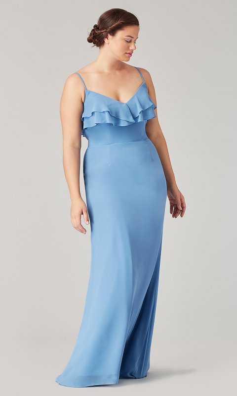 Long Ruffled V-Neck Bridesmaid Dress by KL-200205