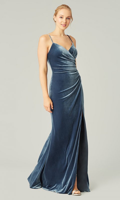 Long Sapphire Blue Velvet Bridesmaid Dress KL-200211s
