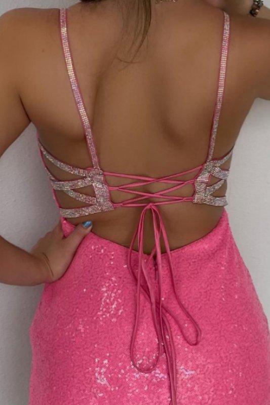 Pink Spaghetti Straps Sequins Bodycon Short Homecoming Dress with Criss Cross Back E202283801