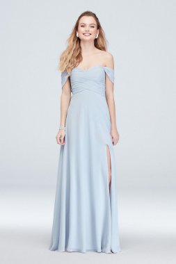 Off the Shoulder Pleated Bodice Gown with Slit Sequin Hearts 7147GG8S
