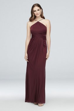 Y-Neck Mesh Bridesmaid Dress with Pleated Waist AP2E204566