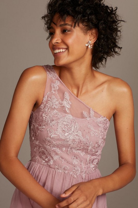 One-Shoulder Embroidered Soft Net Bridesmaid Dress F20121