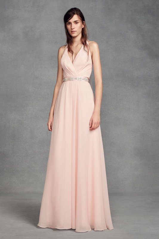 Chiffon Halter Bridesmaid Dress with Tulle Bow VW360418