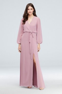 Long Sleeve Chiffon Faux-Wrap Dress W60041