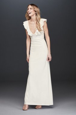 Plunging V-Neck Ruffle Strap Low Back Crepe Gown 10982