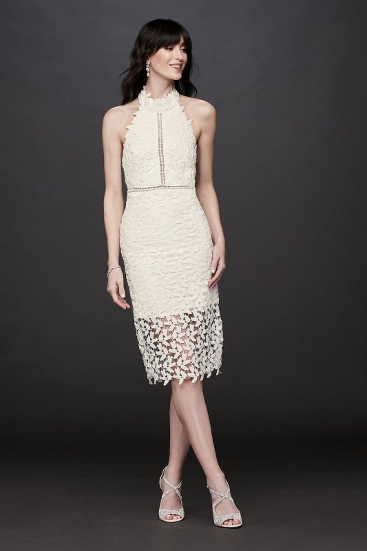 High-Neck Halter Lace Short Dress with Illusion Bardot 36386DB