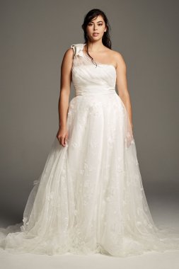 Tulle Plus Size One-Shoulder A-Line Wedding Dress 8VW351432