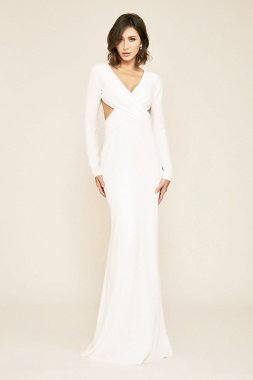 Long Sleeve Crepe V-Neck Sheath Wedding Dress ALG19142LBR