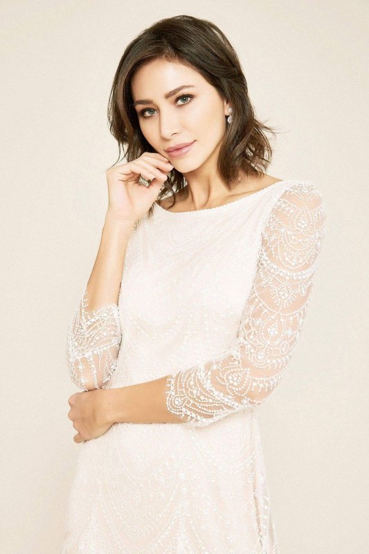 Short Lace 3/4 Sleeve Bateau Neck Wedding Dress BKV19774SBR