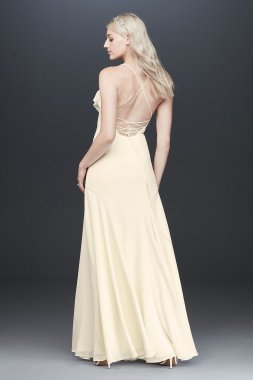 Crepe Wrap Gown with Jeweled Crisscross Low Back AB202013