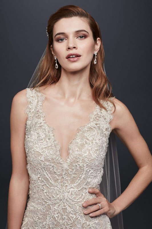 Beaded Lace Wedding Dress with Plunging Neckline SWG689