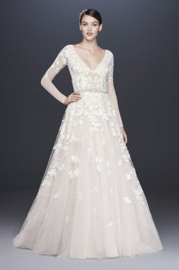 Illusion Sleeve Plunging Ball Gown Wedding Dress SWG820