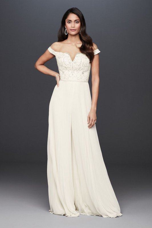 Beaded Illusion Off-the-Shoulder Wedding Jumpsuit SWG826