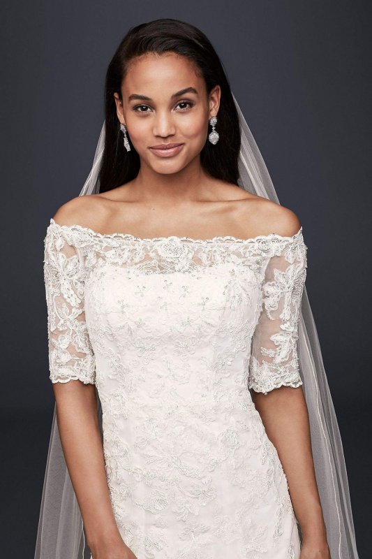 Jewel Off the Shoulder 3/4 Sleeve Wedding Dress Jewel WG3734