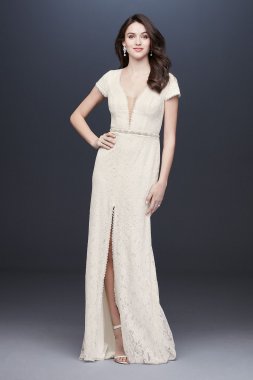 Illusion Deep V-Neck Cap Sleeve Lace Wedding Dress WG3951