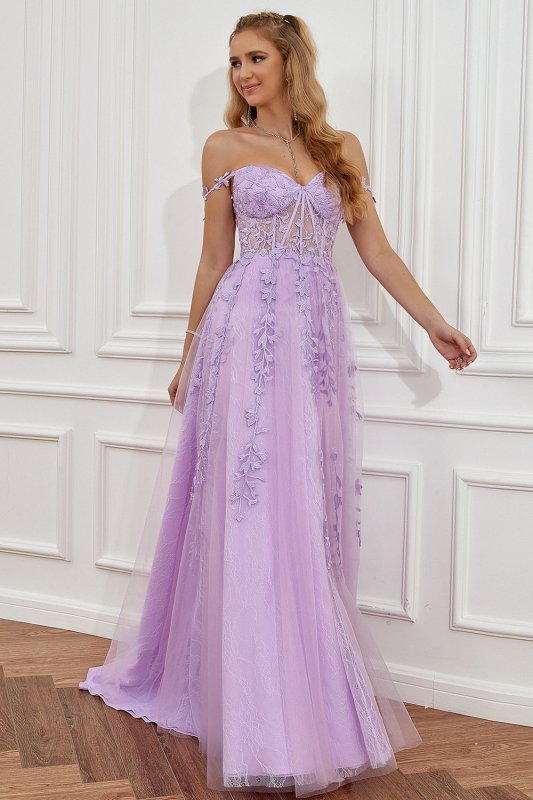 Purple Off the Shoulder Long Prom Dress with Appliques E202283796