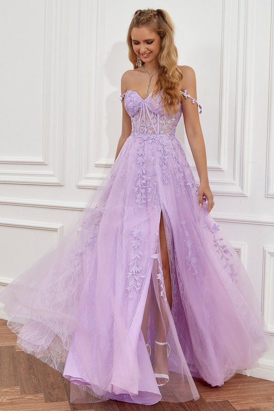 Purple Off the Shoulder Long Prom Dress with Appliques E202283796