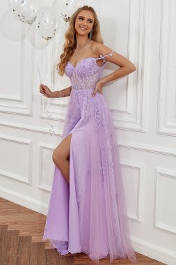 Purple Off the Shoulder Long Prom Dress with Appliques E202283796