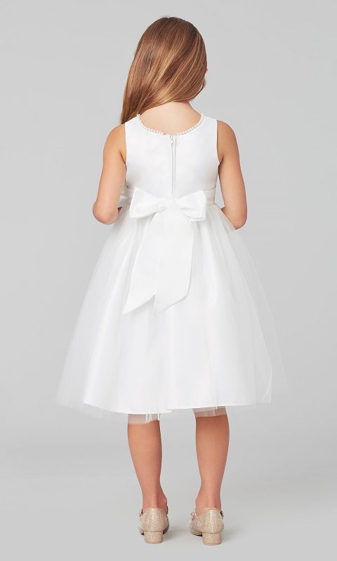 White Short Flower Girl Dress with Bow Accents SWK-SK781w