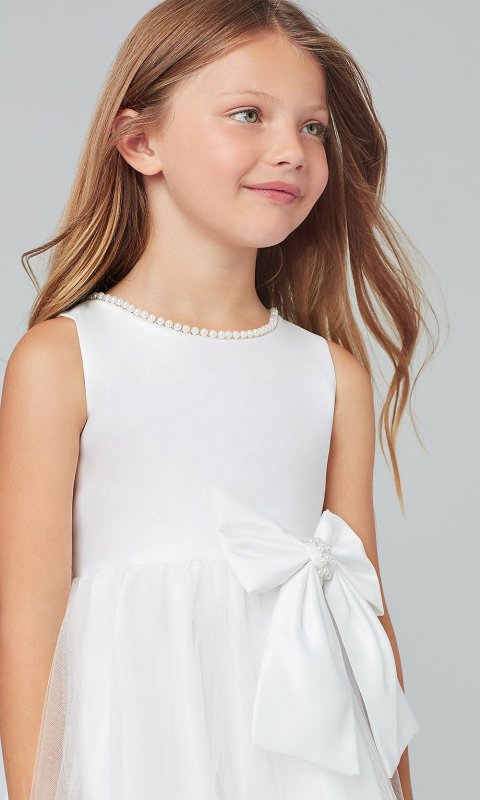 White Short Flower Girl Dress with Bow Accents SWK-SK781w