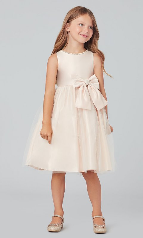 White Short Flower Girl Dress with Bow Accents SWK-SK781w