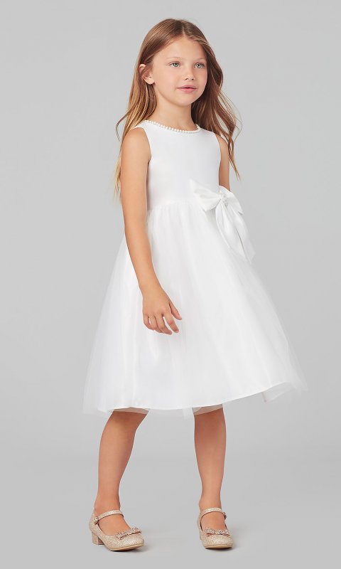 White Short Flower Girl Dress with Bow Accents SWK-SK781w