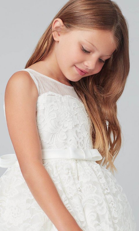 Ivory White Sleeveless Lace Short Flower-Girl Dress SWK-SK798