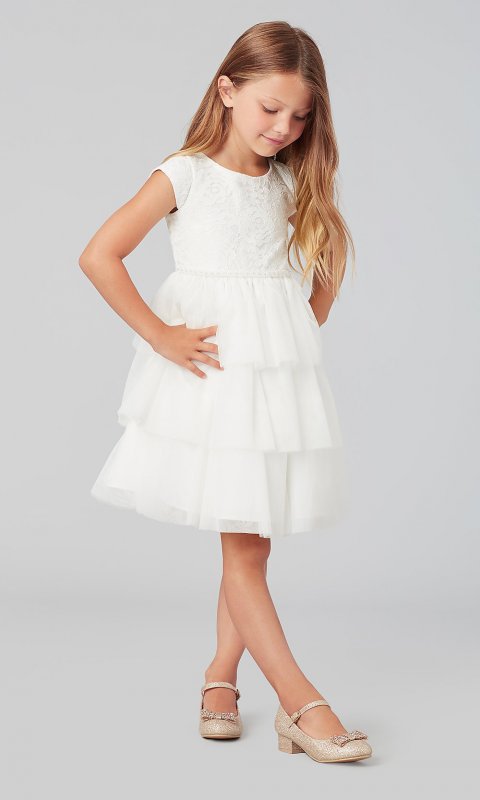 Short Cap-Sleeve Flower Girl Dress with Tiered Skirt SWK-SK800