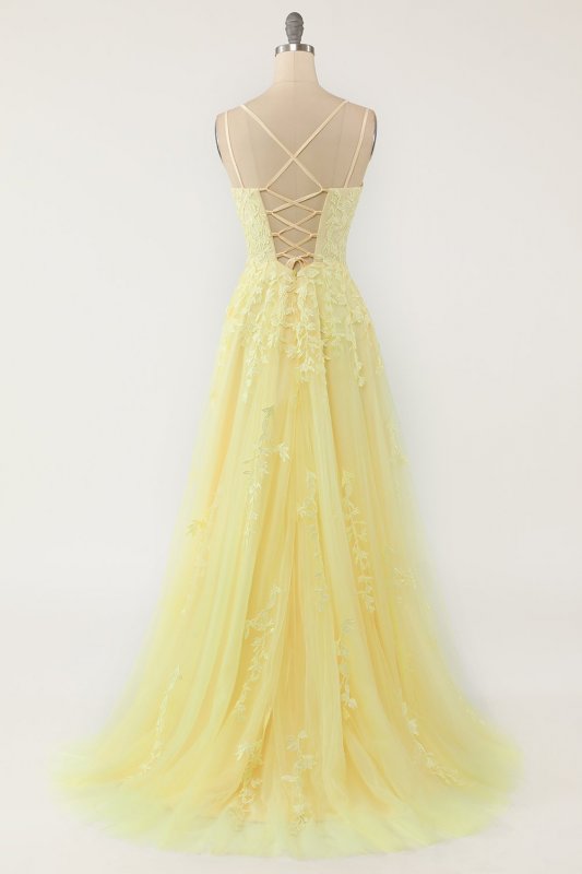 Yellow Spaghetti Straps Prom Dress E202283783