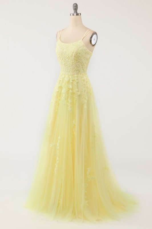 Yellow Spaghetti Straps Prom Dress E202283783