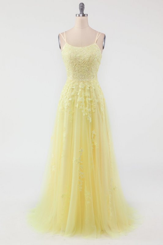 Yellow Spaghetti Straps Prom Dress E202283783