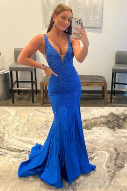 Mermaid Deep V Neck Royal Blue Long Prom Dress with Beading E202283455