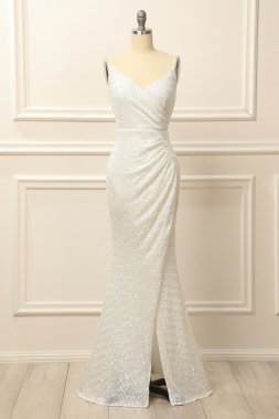 White Sequins Ruched Long Prom Dress with Slit E202283847