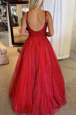 Red A-line Backless Glitter Prom Dress E202283842
