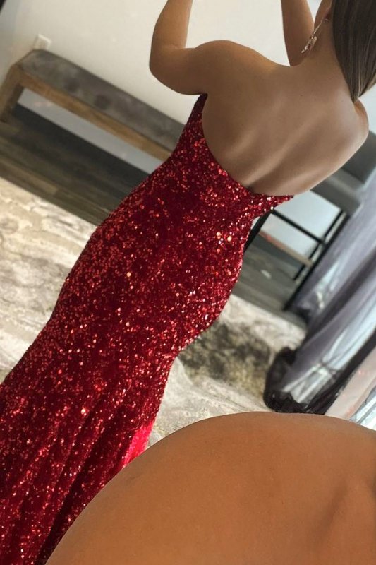 Red Mermaid Sequins Long Prom Dress with Slit E202283781