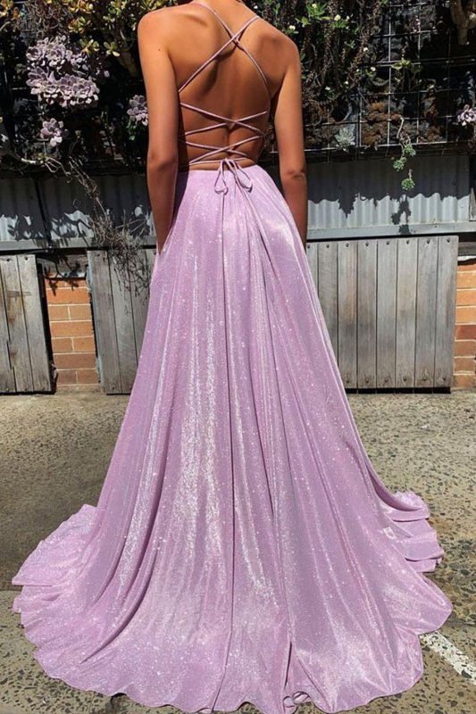 Purple V-neck Sparkly Prom Dress E202283784