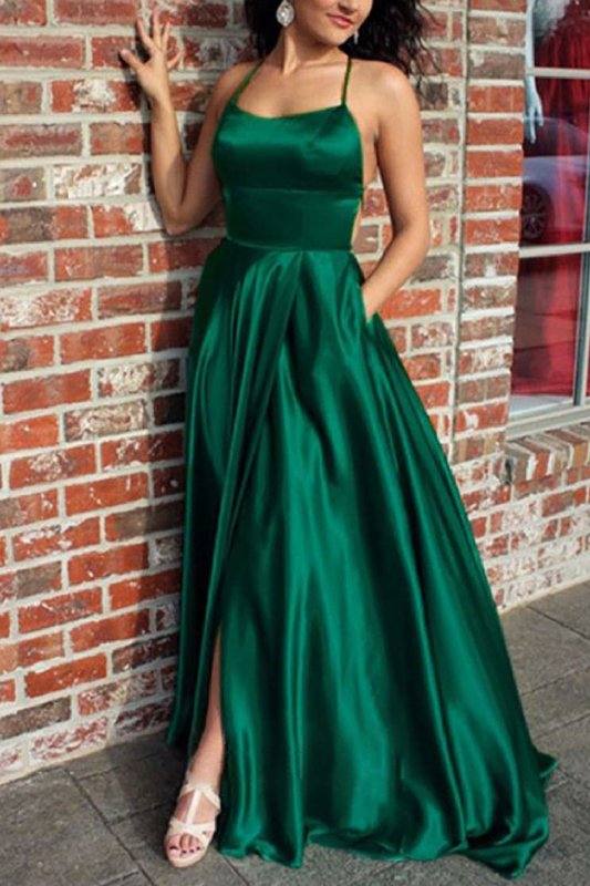 Green Satin A-line Backless Simple Prom Dress E202283836