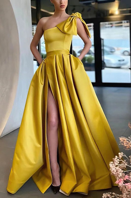 Yellow A-line One Shoulder Prom Dress with Bow E202283834